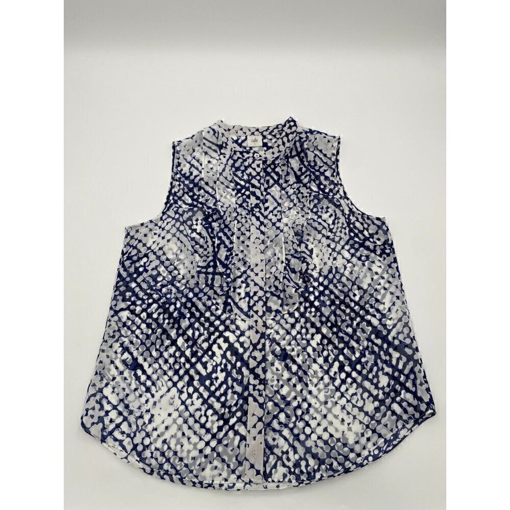 Cabi Ruffle Blouse Sleeveless Top Sheer Blouse Blue White Abstract Size Large